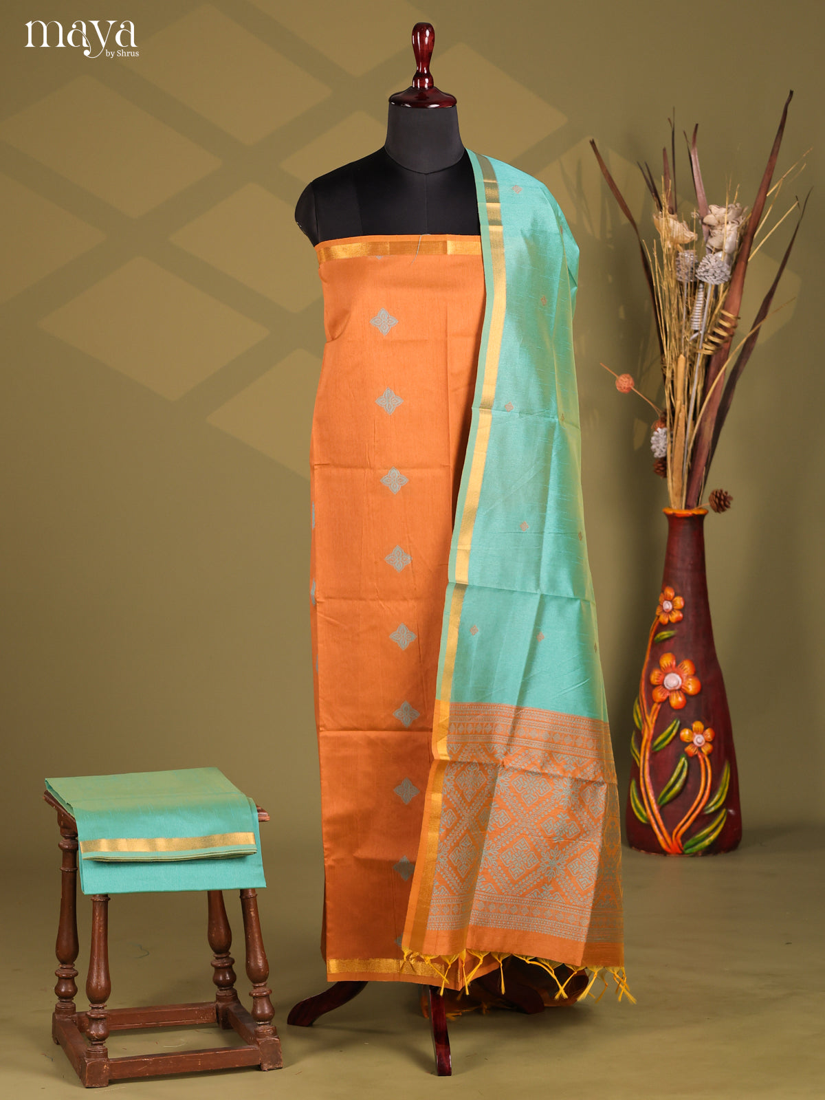 Orange & Pastel Blue - Semi rawsilk salwar