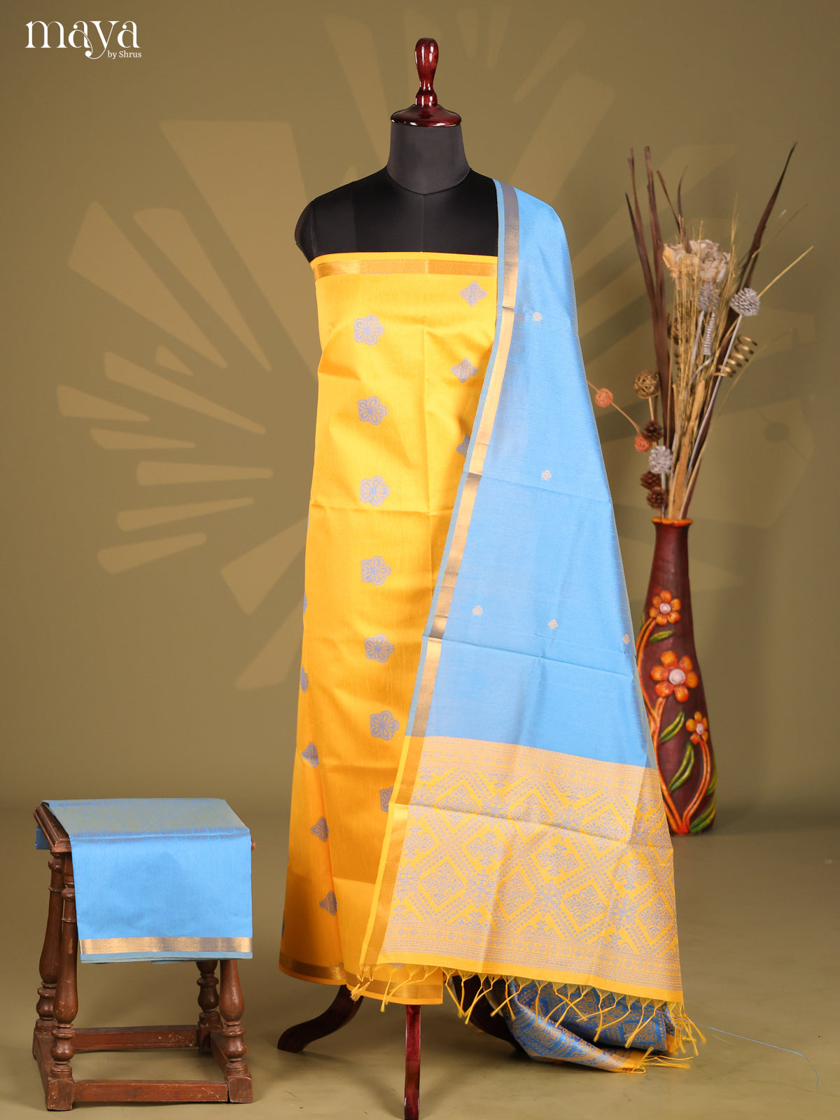 Yellow & Blue - Semi rawsilk salwar