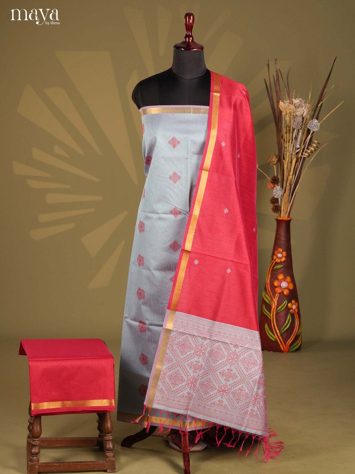 Grey & Red- Semi rawsilk salwar