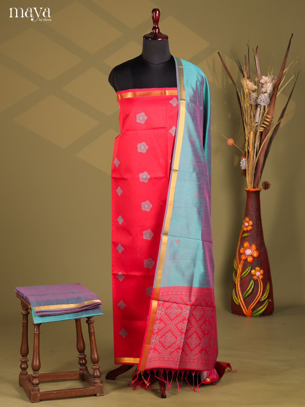 Red & Blue - Semi rawsilk salwar