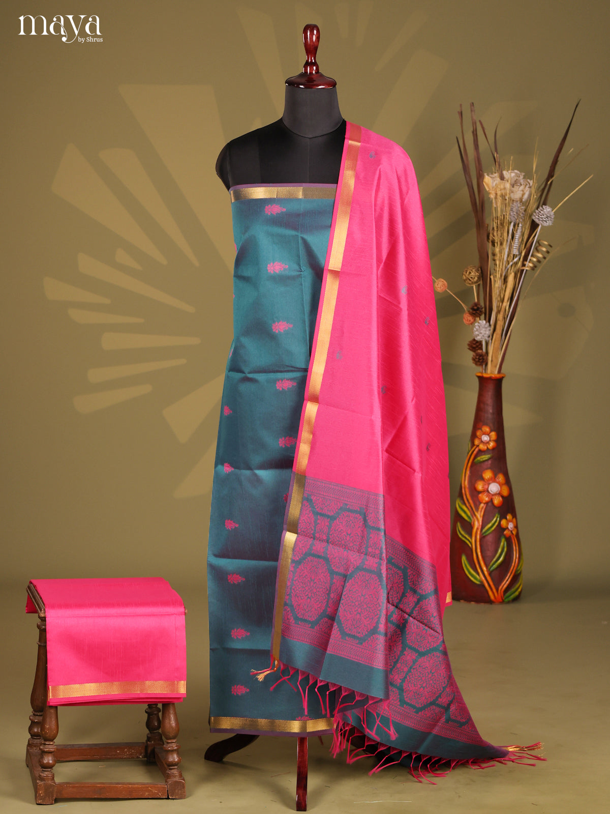 Green & Pink - Semi rawsilk salwar
