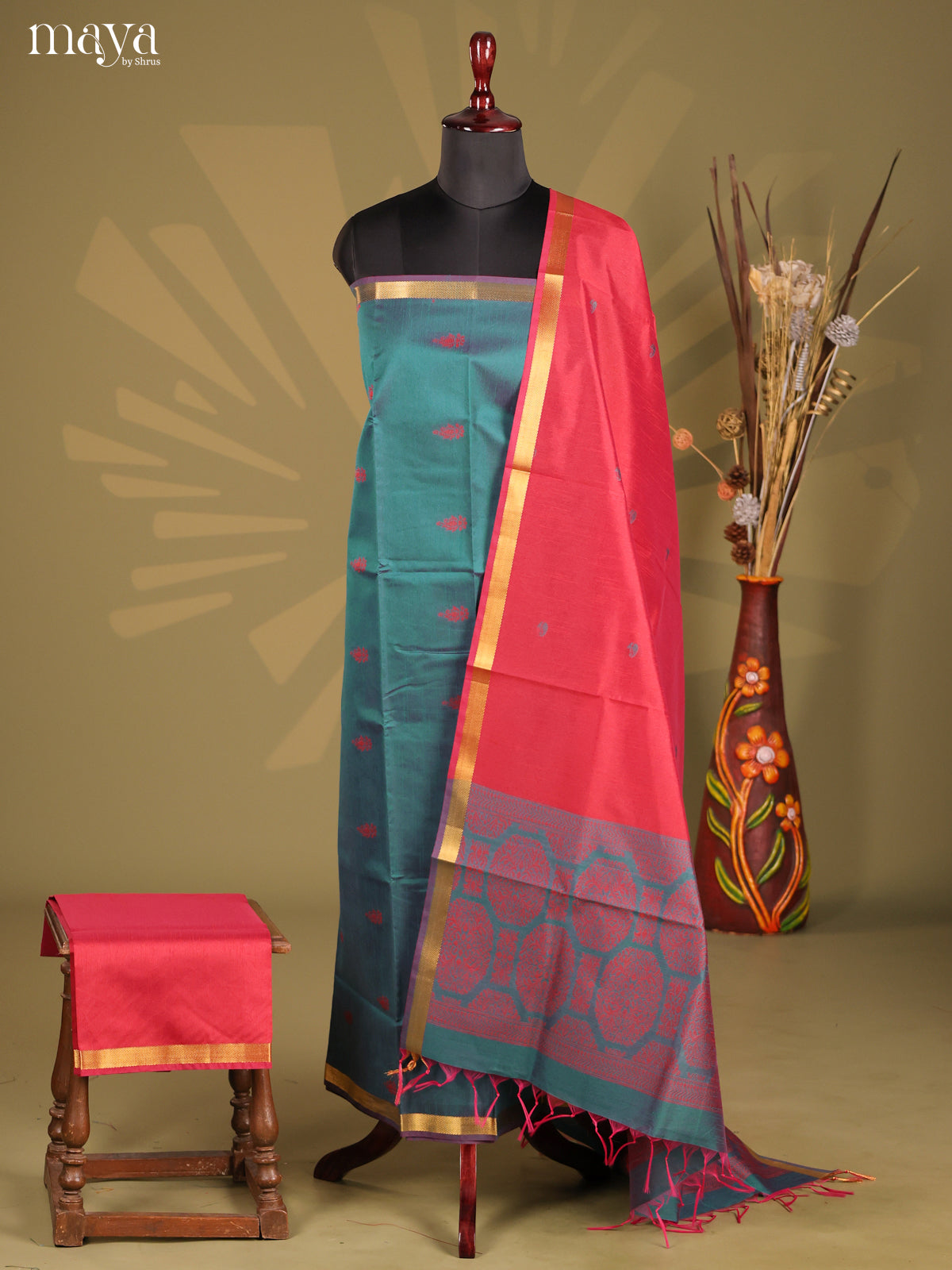 Green & Red- Semi rawsilk salwar