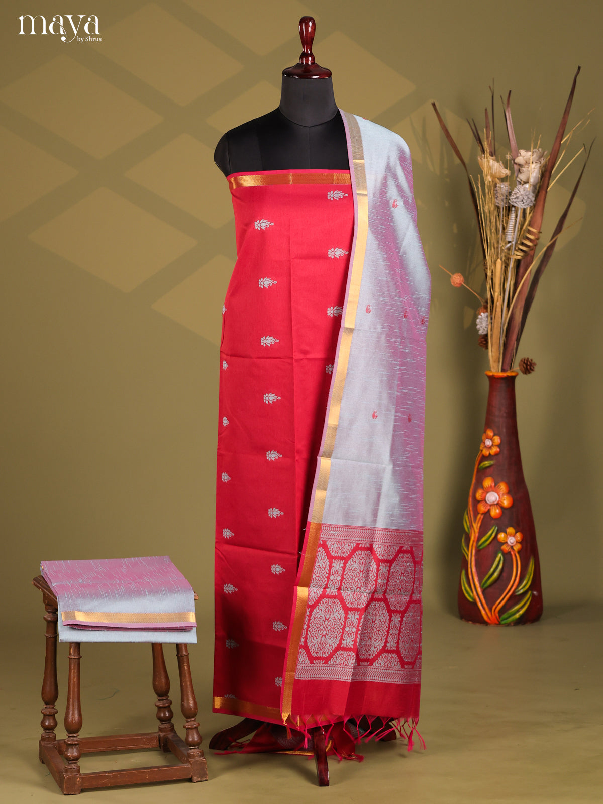 Red & Mild Lavender - Semi rawsilk salwar