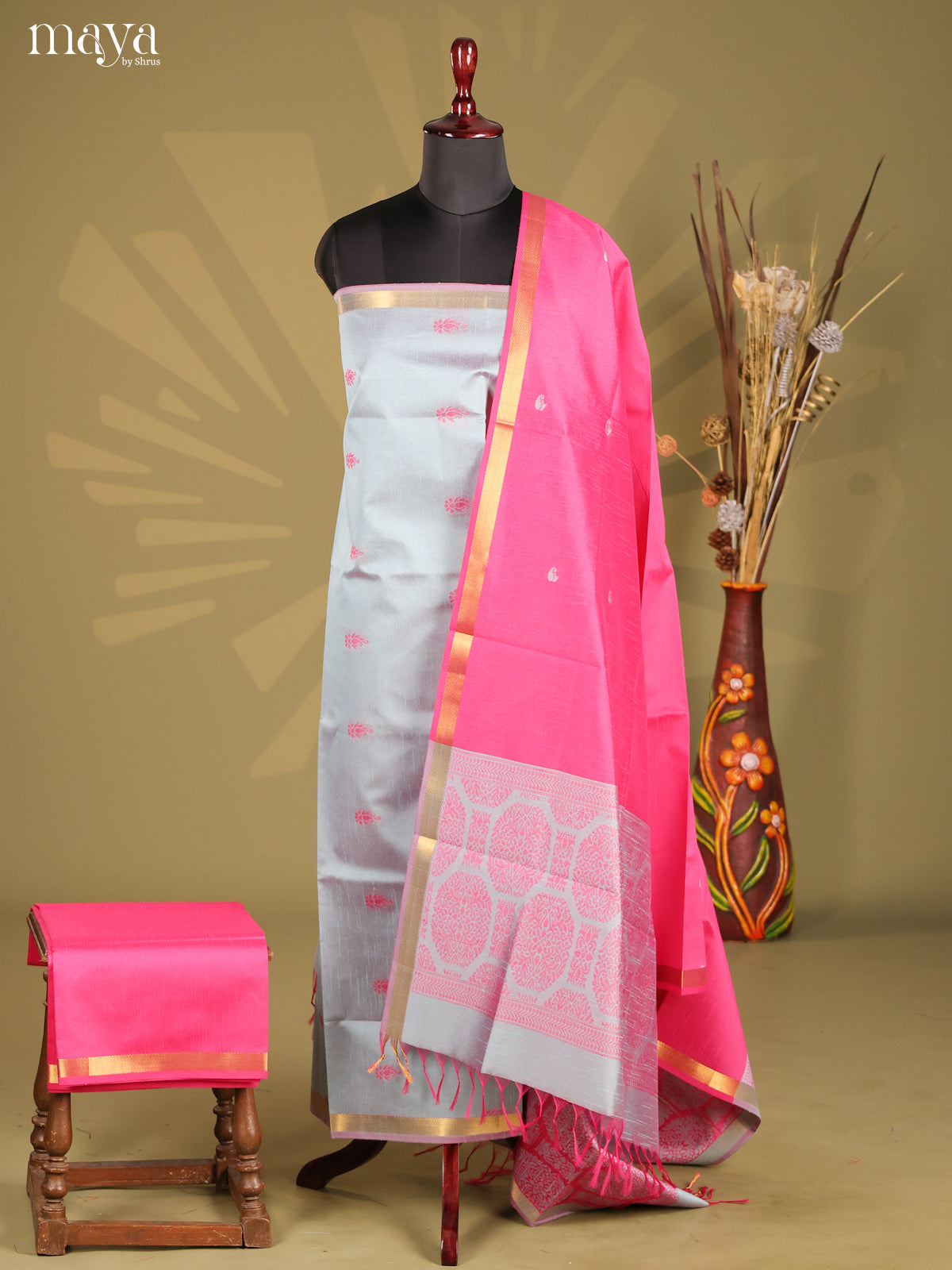 Grey & Pink - Semi rawsilk salwar
