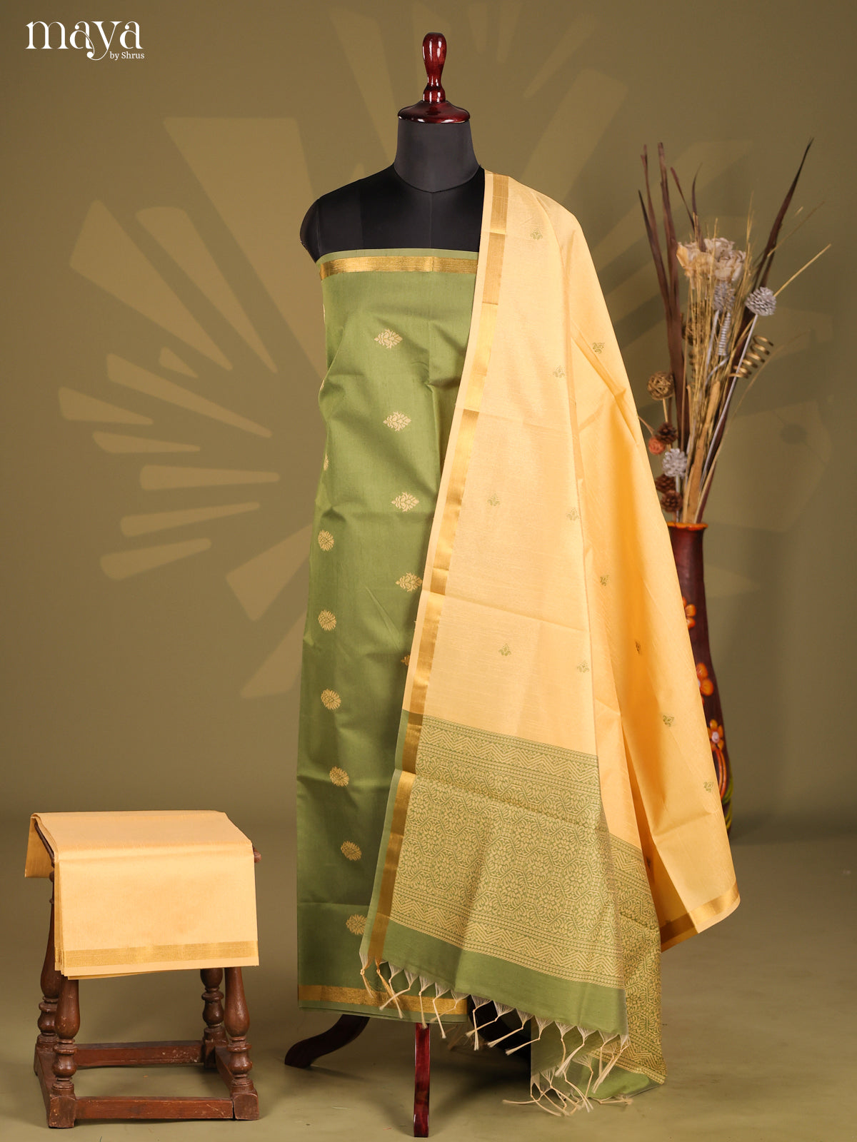 Green & Cream - Semi rawsilk salwar