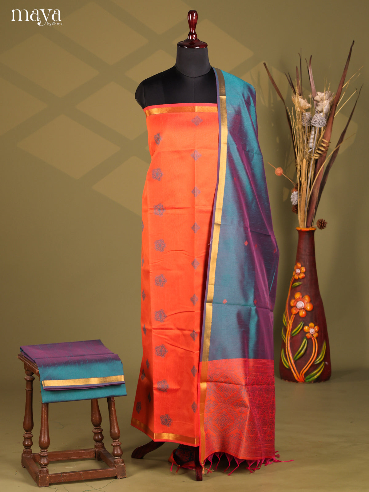 orange & Blue - Semi rawsilk salwar