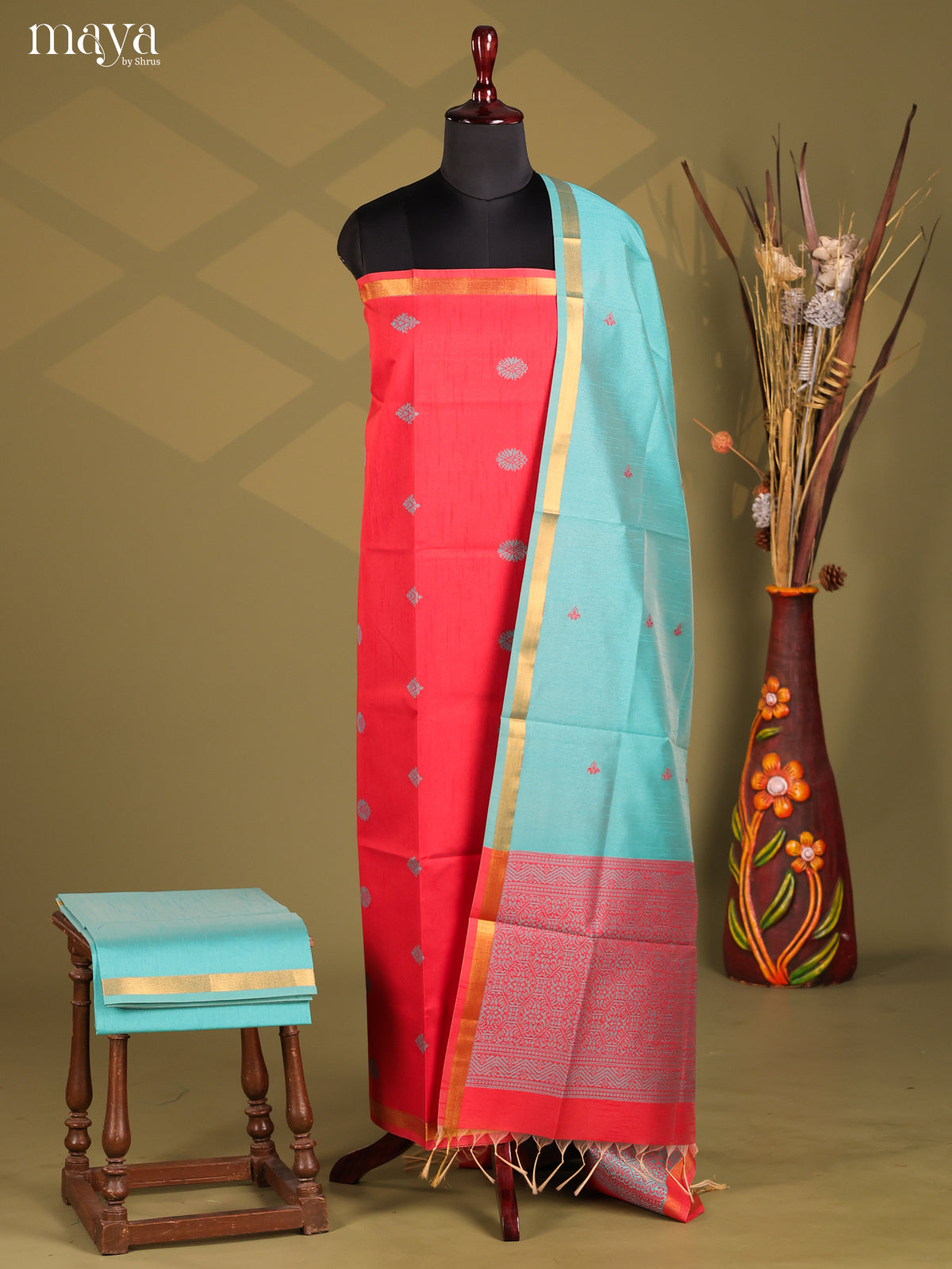 Red & Blue - Semi rawsilk salwar