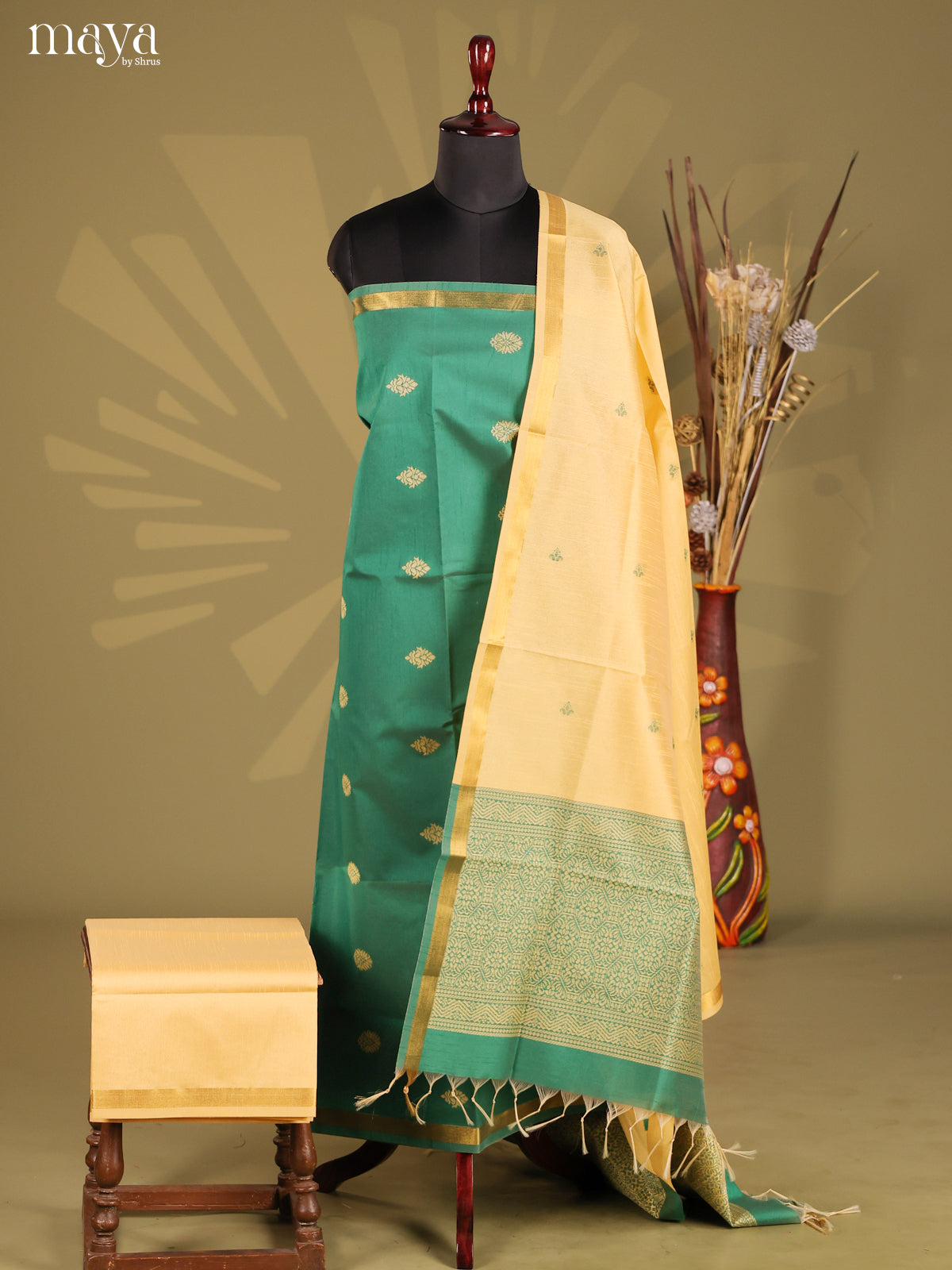 Green & Cream - Semi rawsilk salwar