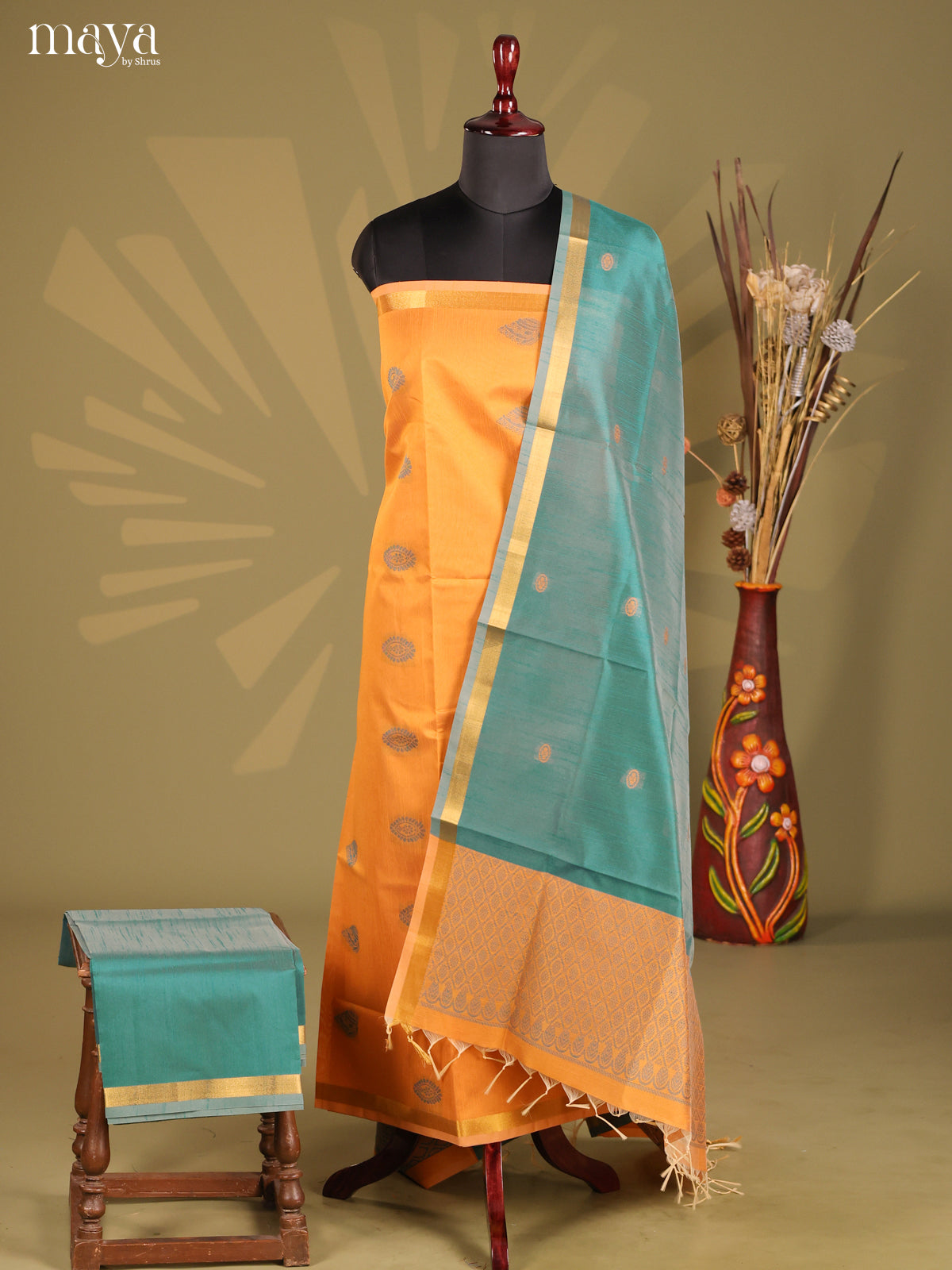 Peach & Green - Semi rawsilk salwar