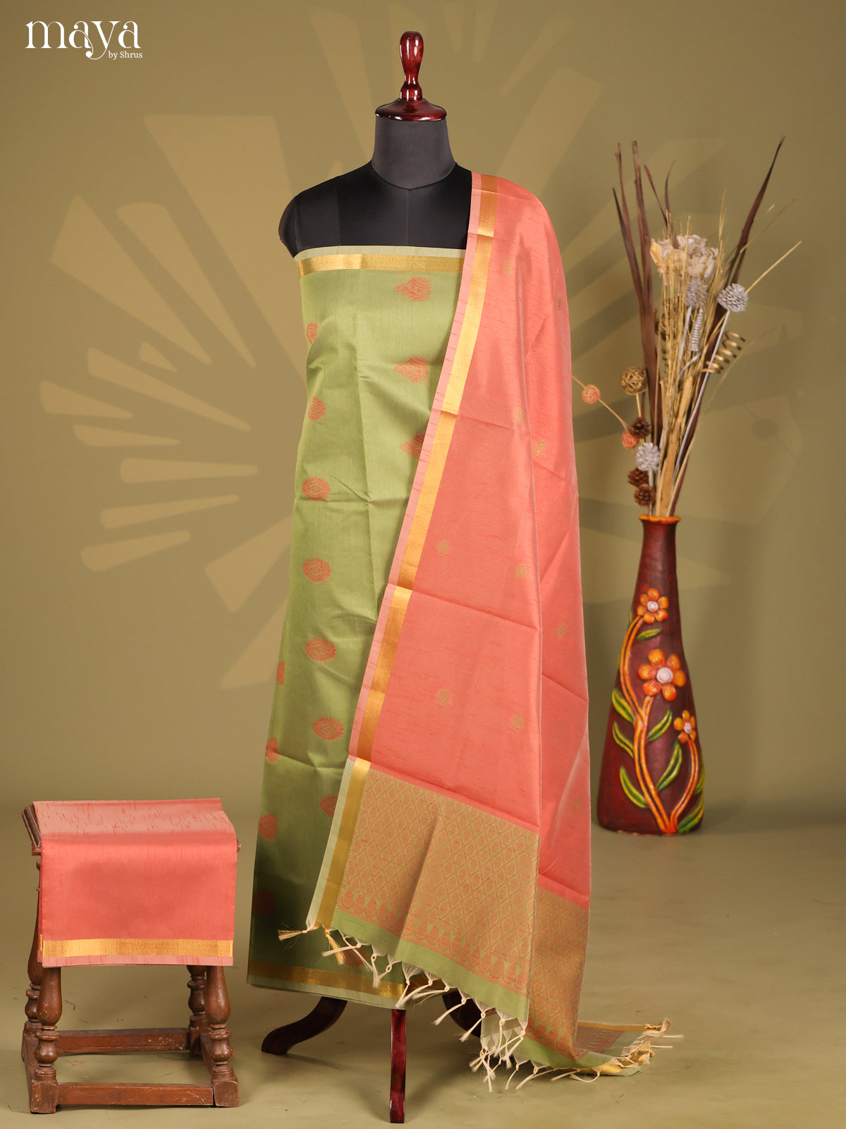 Green & Peachish Pink  - Semi rawsilk salwar