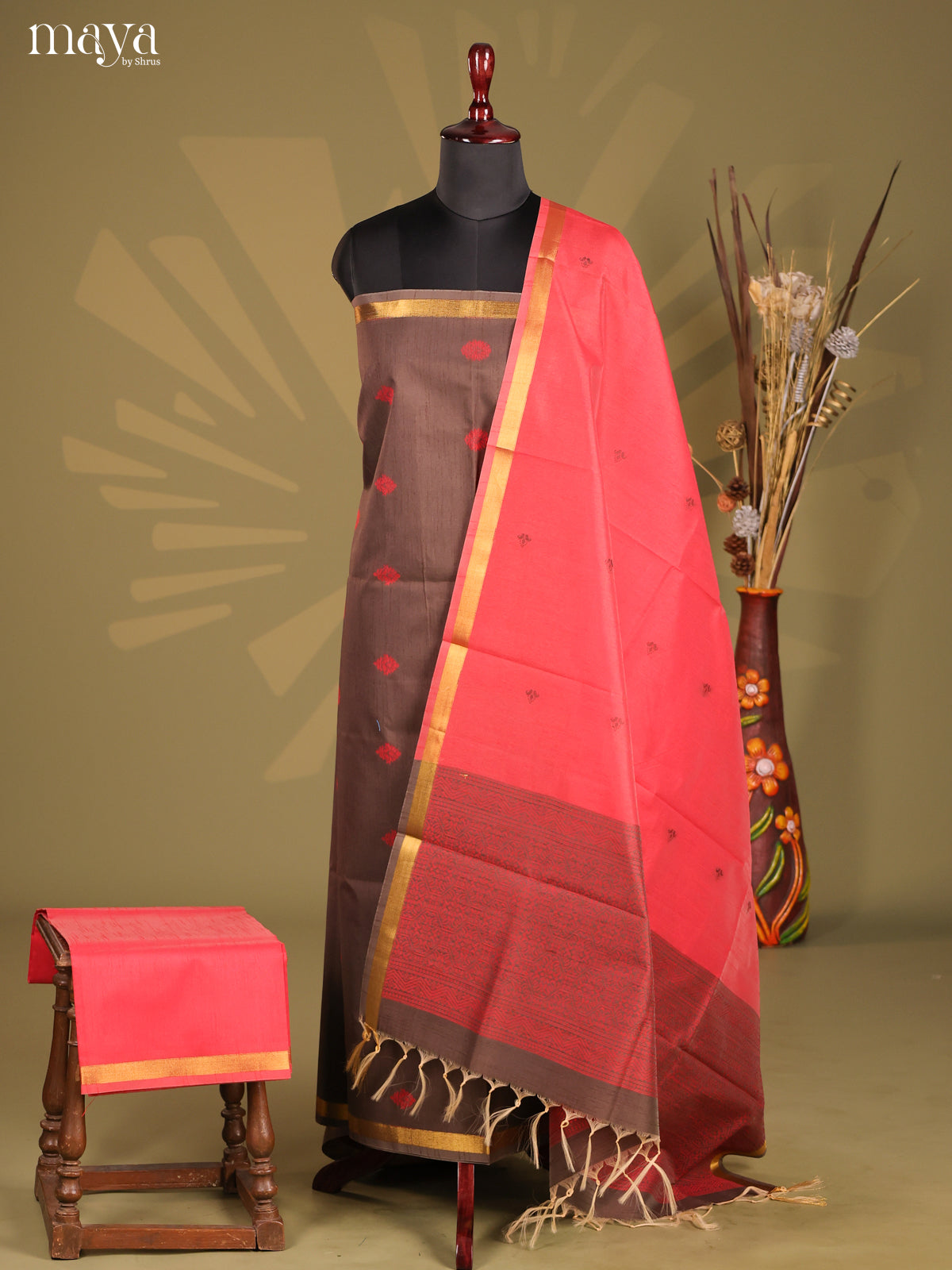 Grey & Reddish Pink - Semi rawsilk salwar