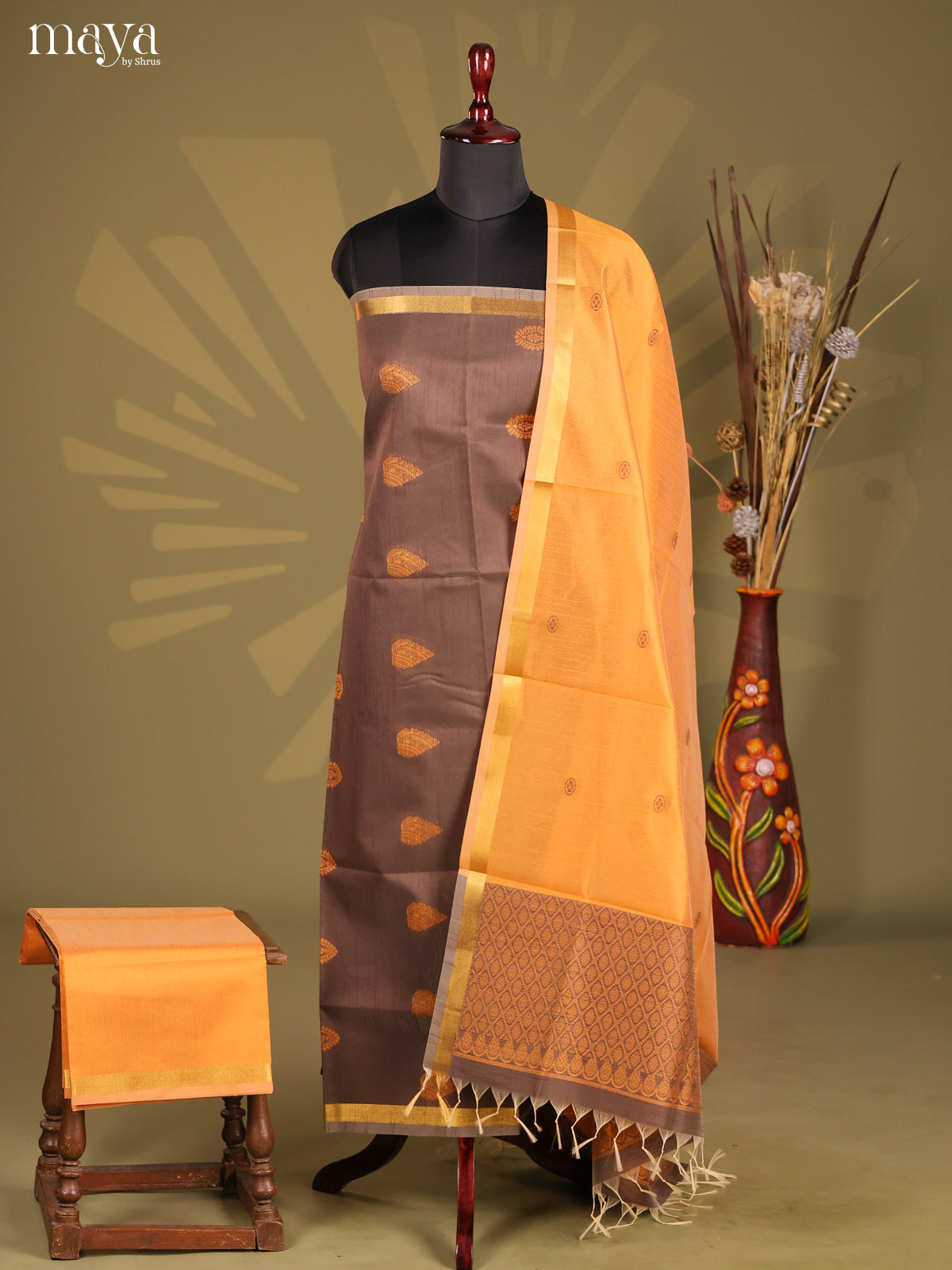 Grey & Peach - Semi rawsilk salwar