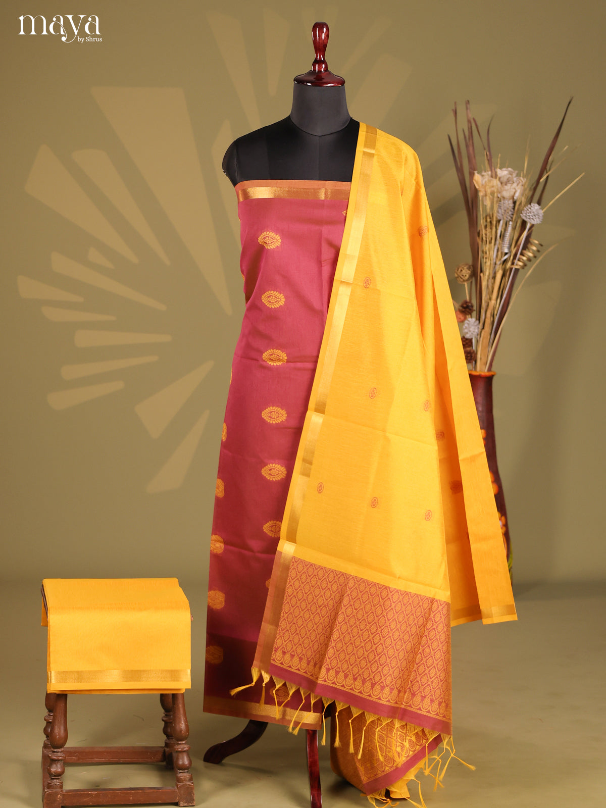 Maroon & Yellow - Semi rawsilk salwar