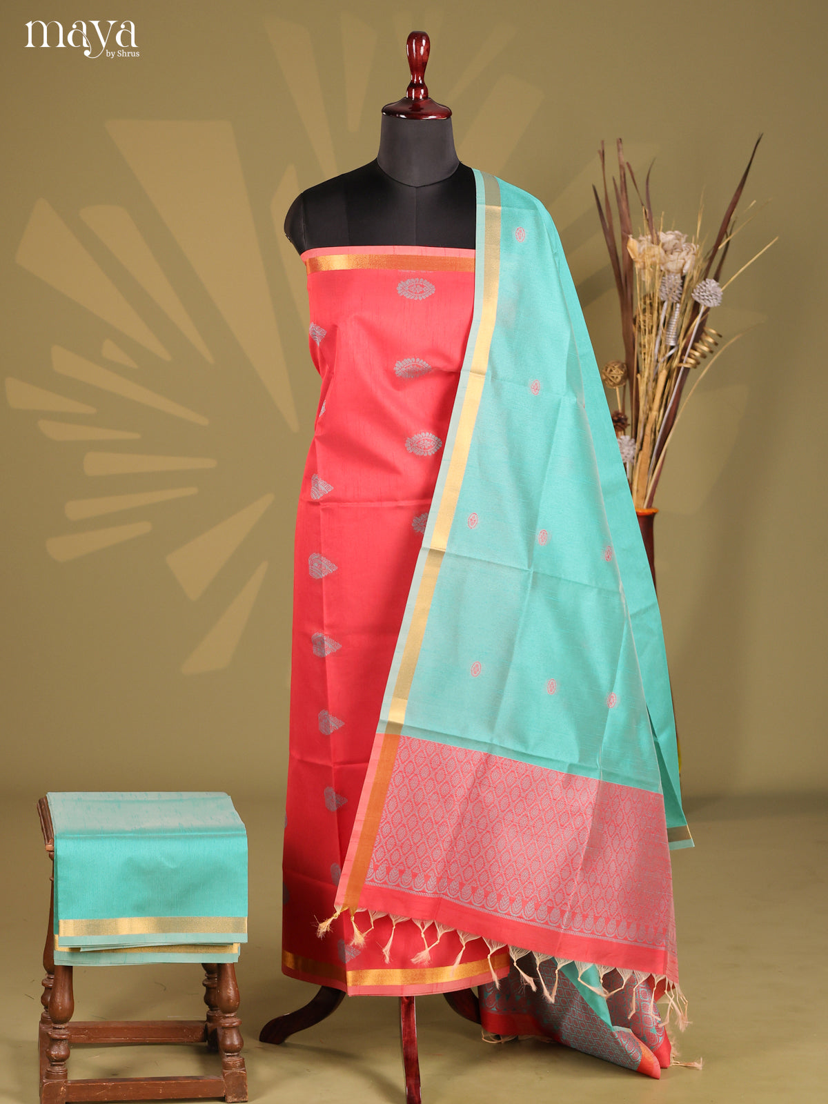 Red & Teal - Semi rawsilk salwar