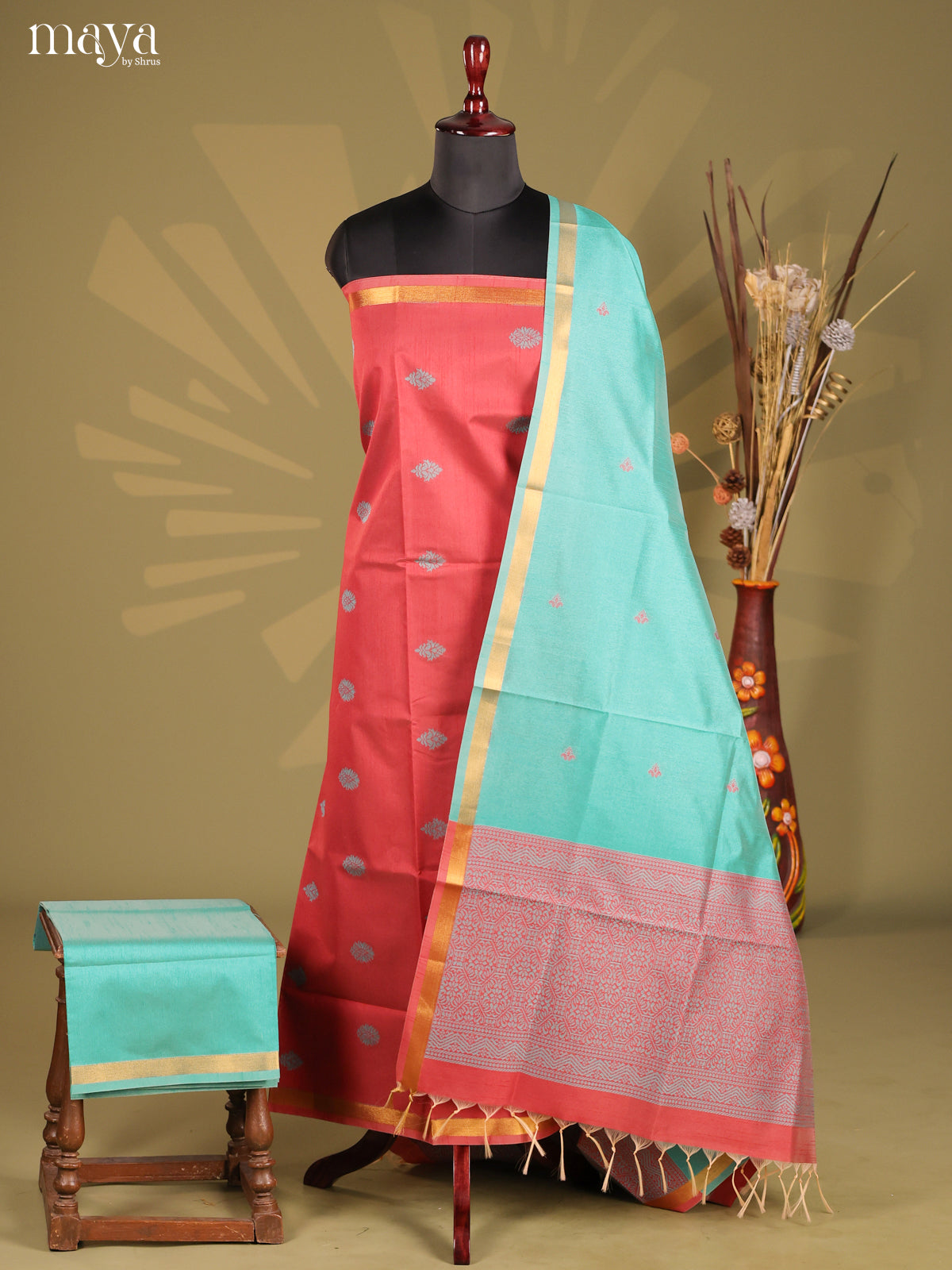 Red & Teal - Semi rawsilk salwar