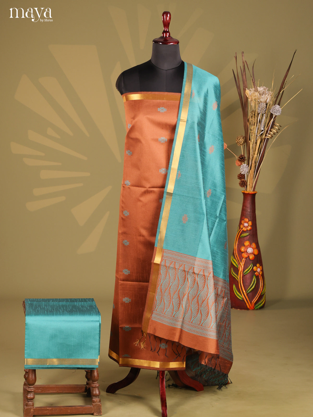 Brown & Teal  - Semi rawsilk salwar