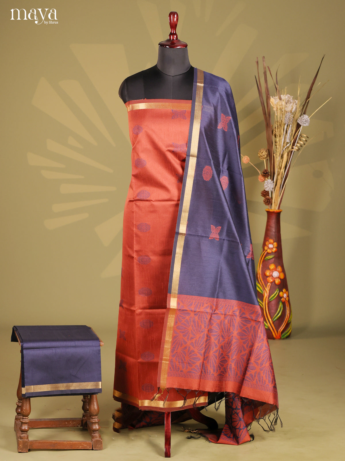 Red & Blue - Semi rawsilk salwar
