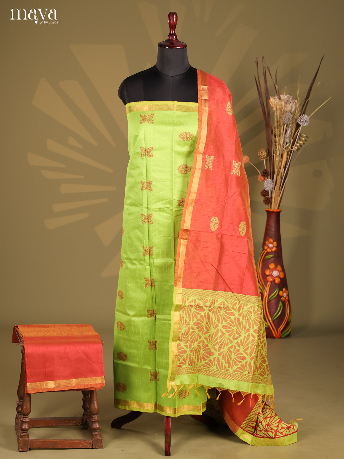 Green & Red - Semi rawsilk salwar