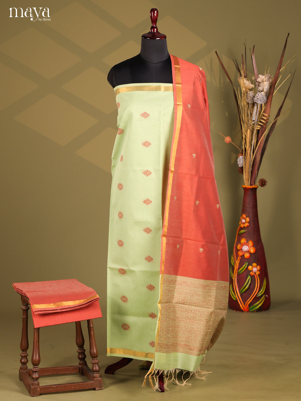 Pista Green & Brick - Semi rawsilk salwar