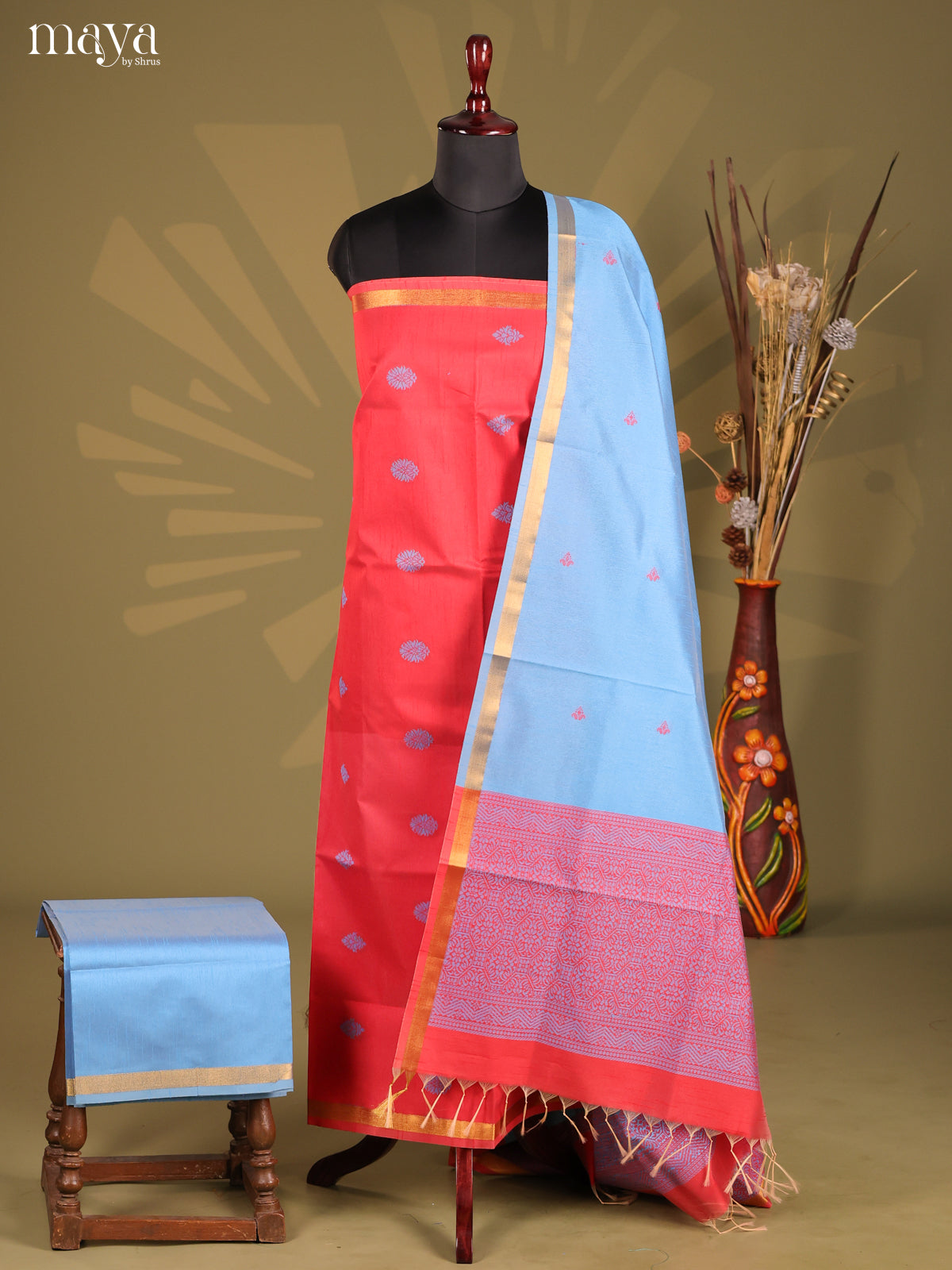 Red & Blue - Semi rawsilk salwar