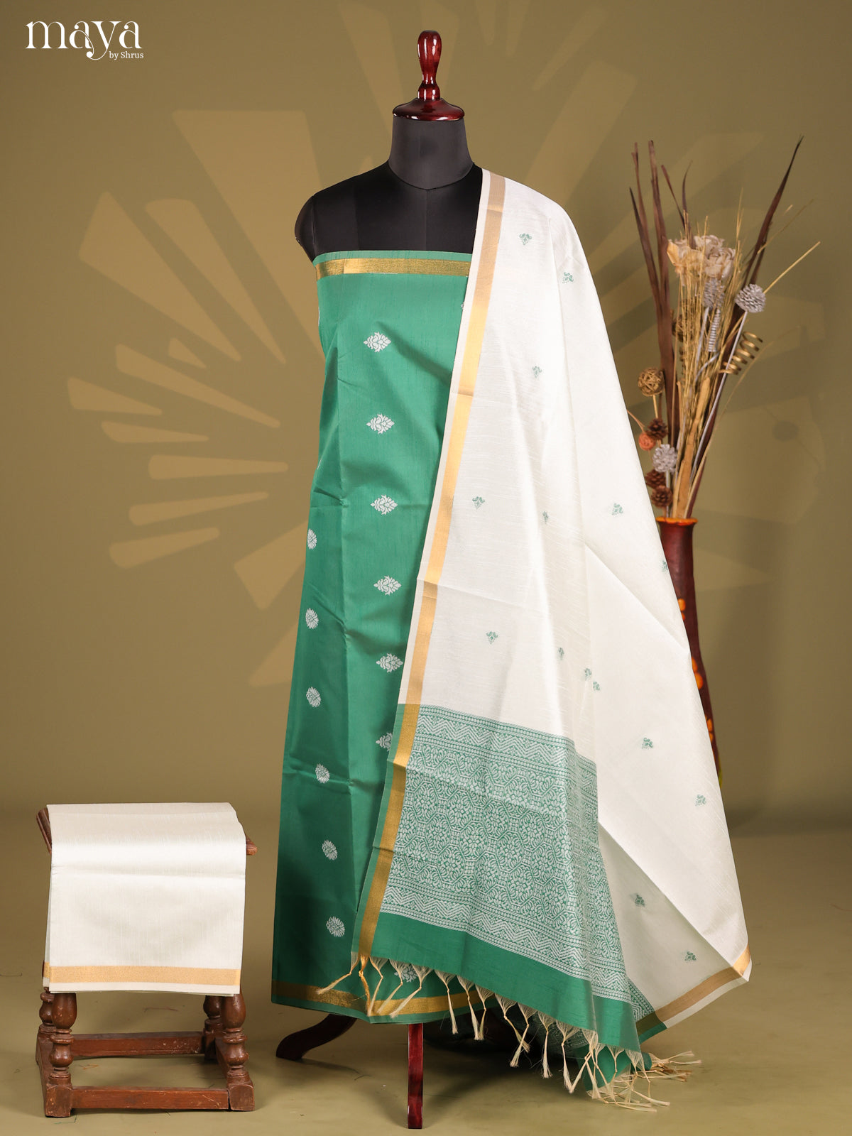 Green & Cream - Semi rawsilk salwar