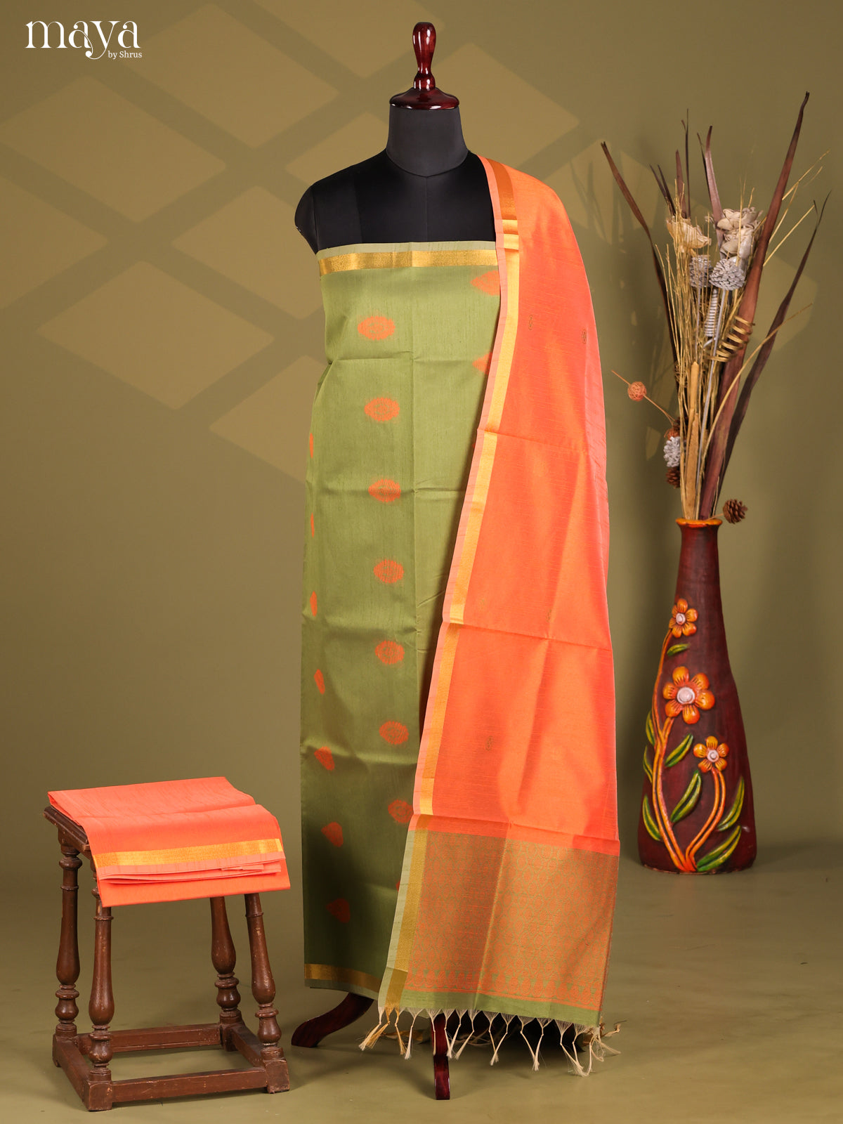Green & Peach - Semi rawsilk salwar