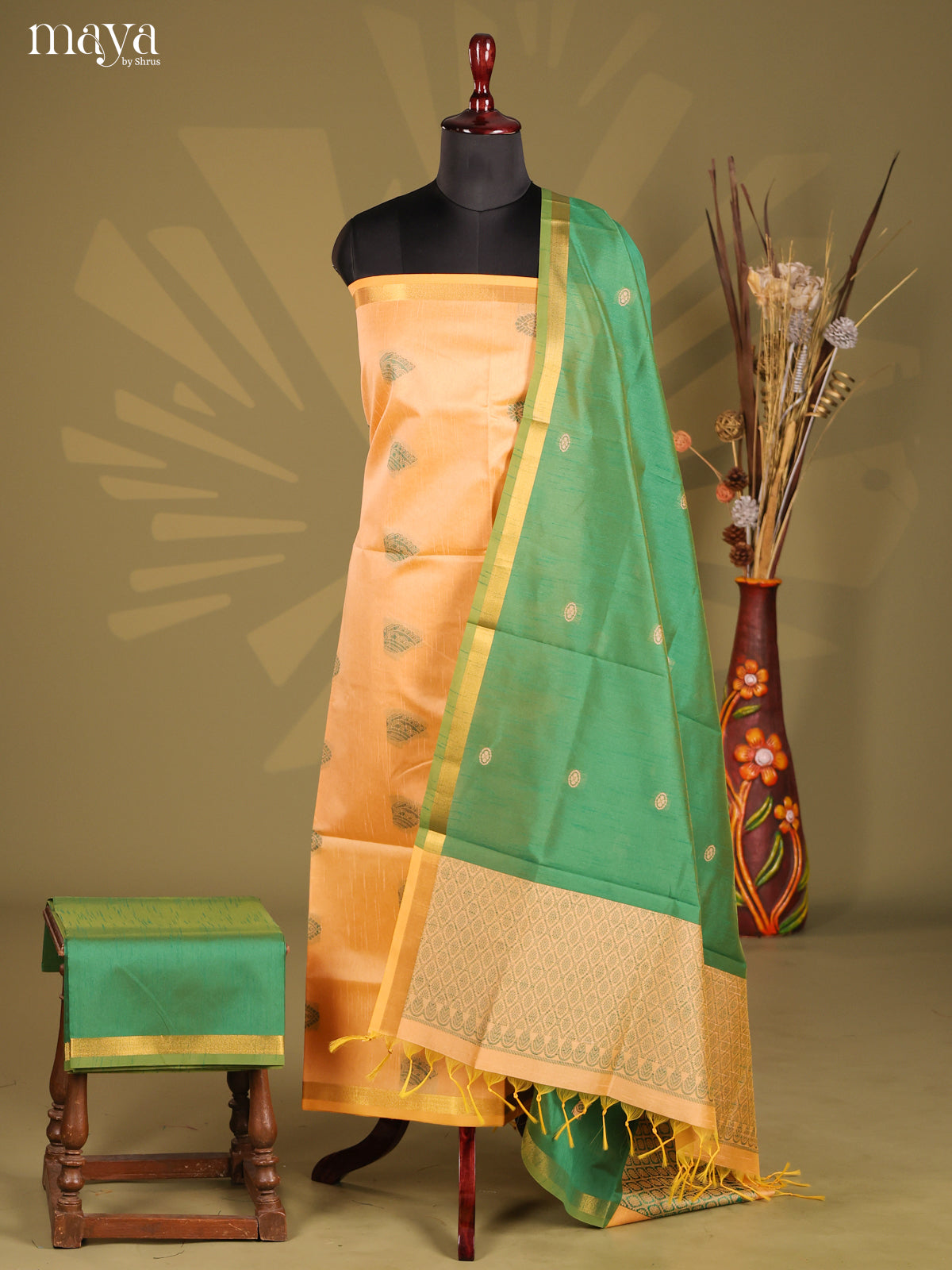 Peach & Green - Semi rawsilk salwar