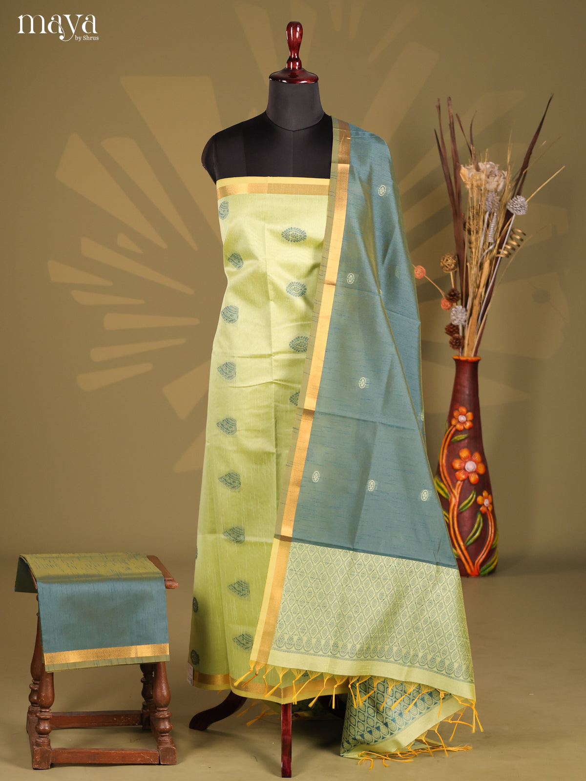 Pista Green & Green - Semi rawsilk salwar