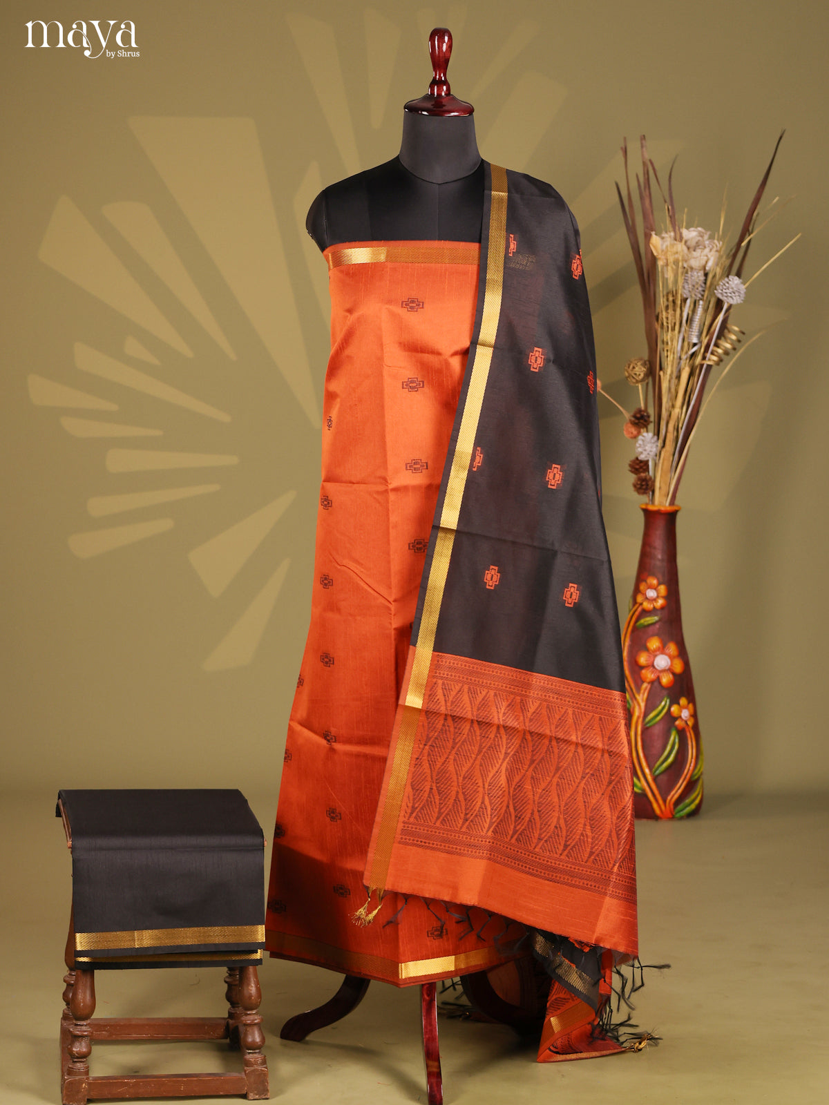 Orange & Black- Semi rawsilk salwar