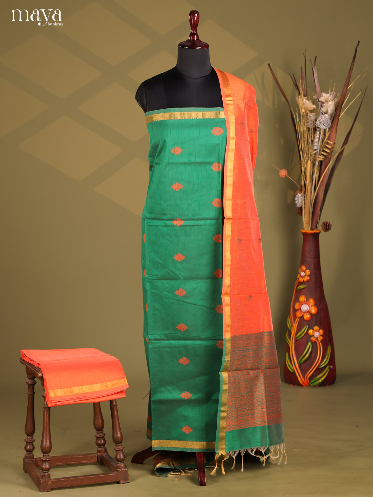 Green & Orange- Semi rawsilk salwar