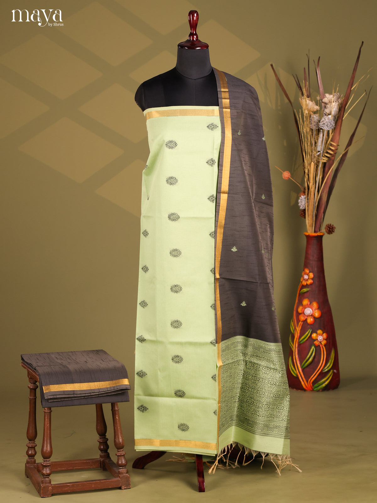 Pista Green & Black - Semi rawsilk salwar