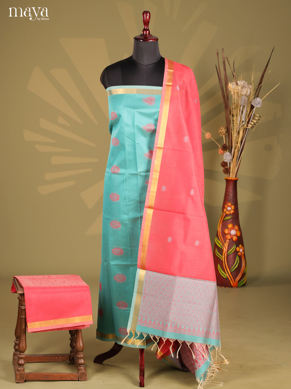 Pastel Blue & Reddish Pink - Semi rawsilk salwar
