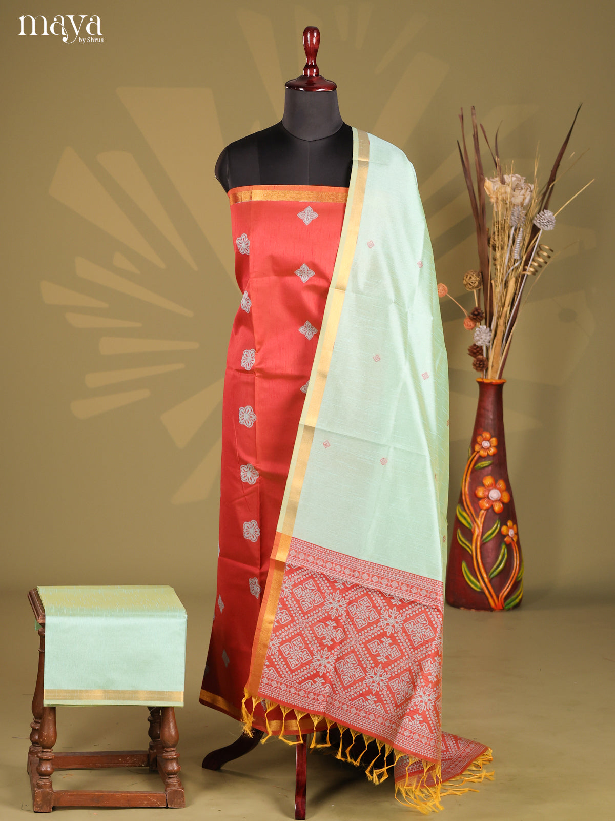 Red & Teal Green - Semi rawsilk salwar