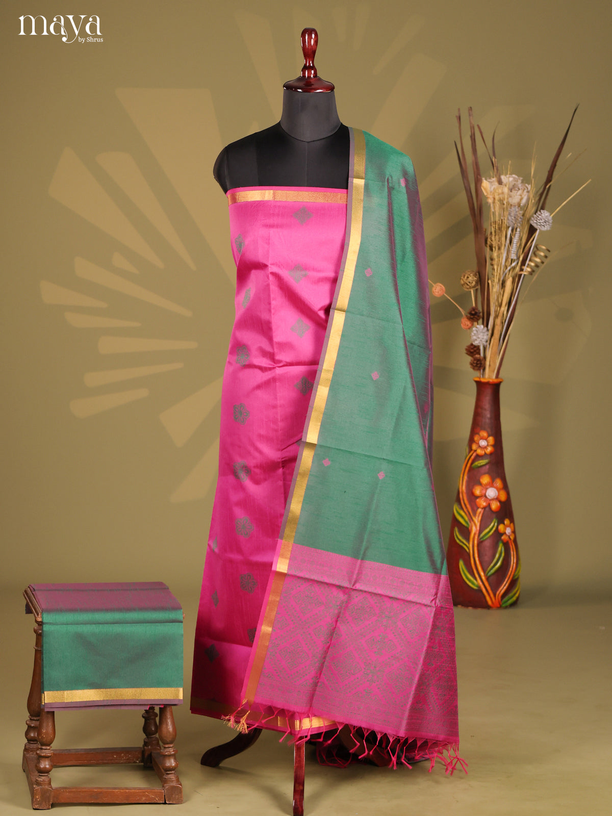 Pink & Green - Semi rawsilk salwar
