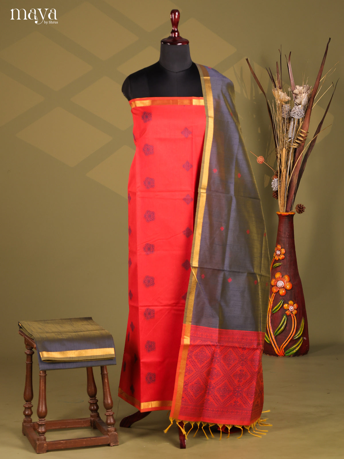 Red & Black - Semi rawsilk salwar