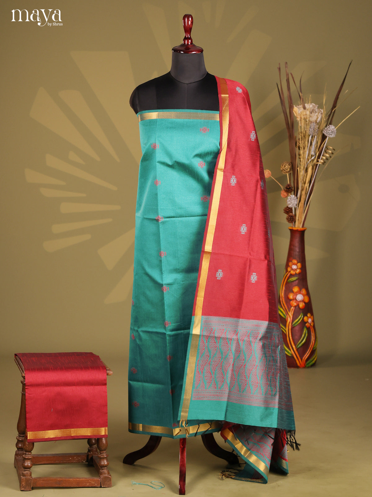 Green & Maroon- Semi rawsilk salwar