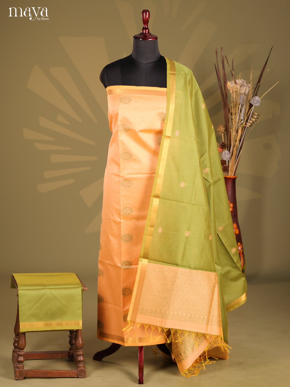 peach & Light Green- Semi rawsilk salwar
