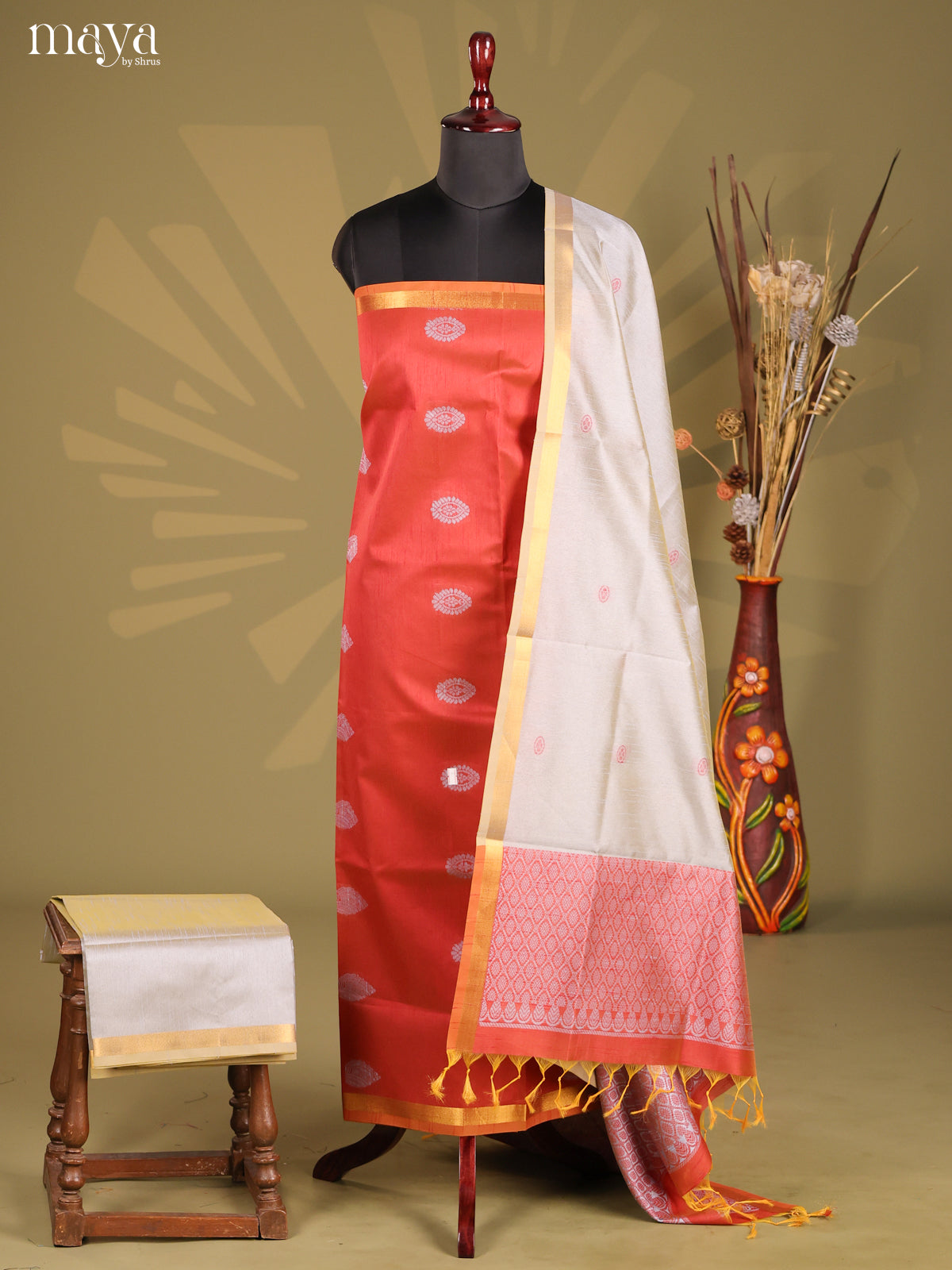 Red & White- Semi rawsilk salwar
