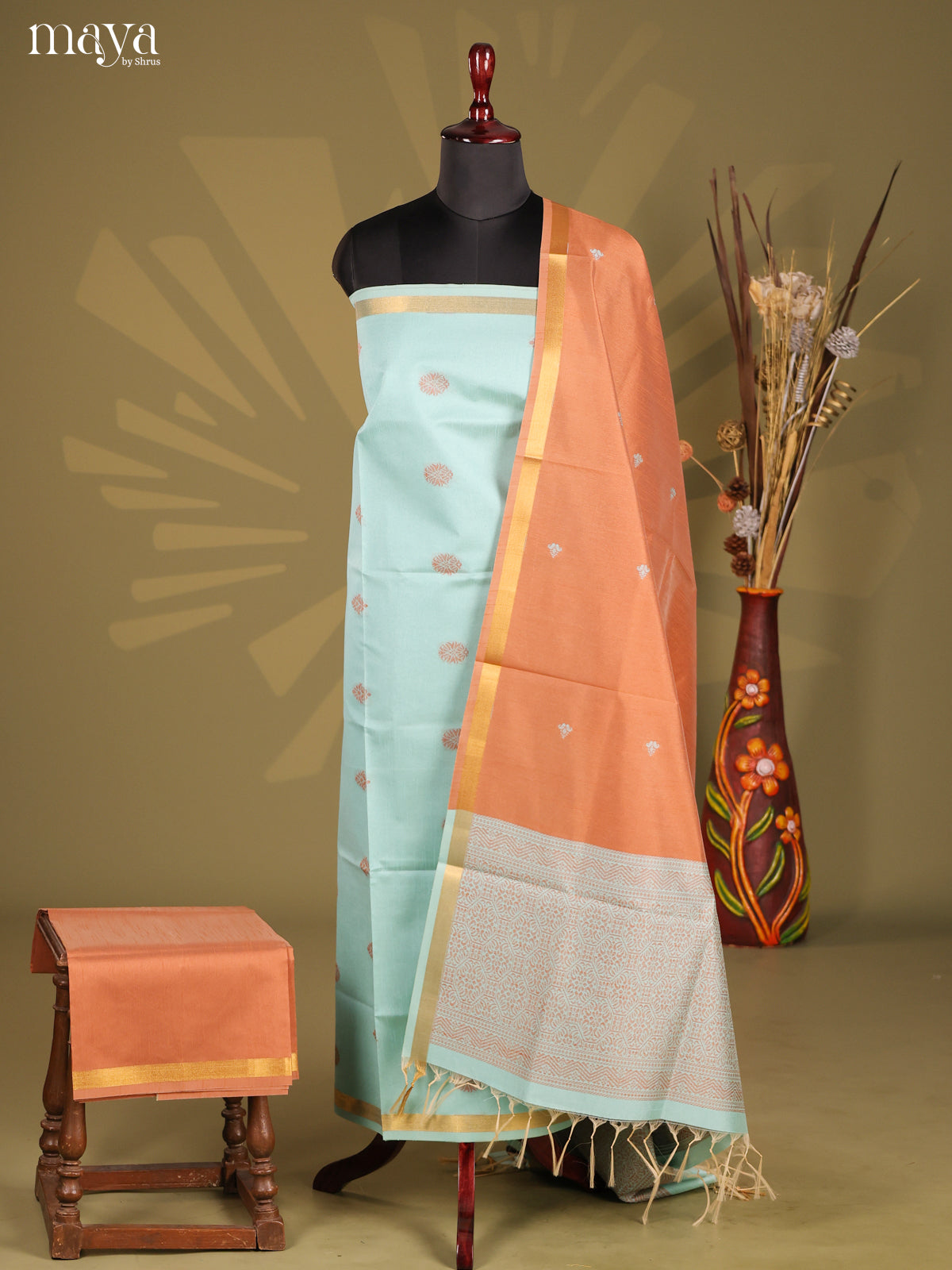 Pastel Blue & Light Brown - Semi rawsilk salwar