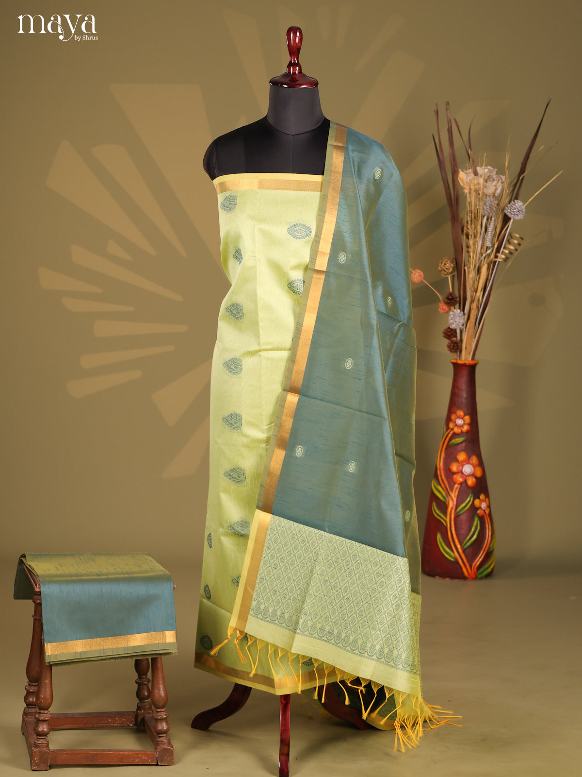 Pista Green & Green- Semi rawsilk salwar