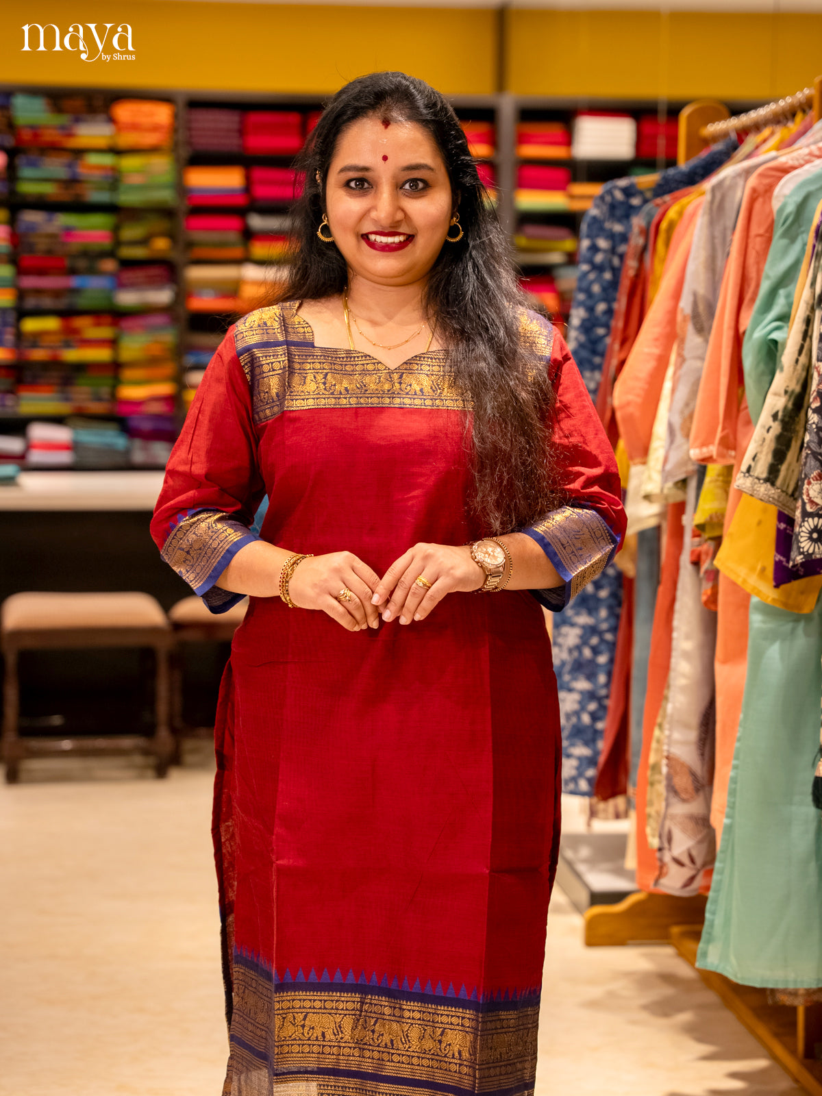 Red & Blue  Chettinad Cotton Readymade Kurti