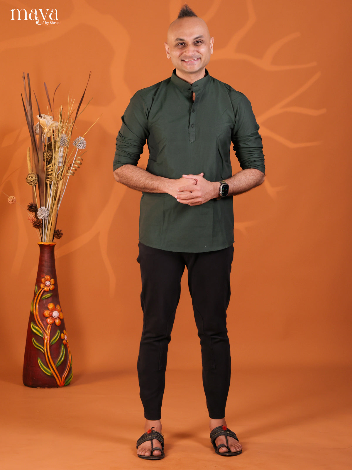 Dark Green Cotton Solid Short Men Kurta