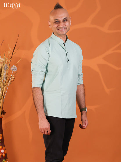 Ice Blue Cotton Solid Short Men Kurta