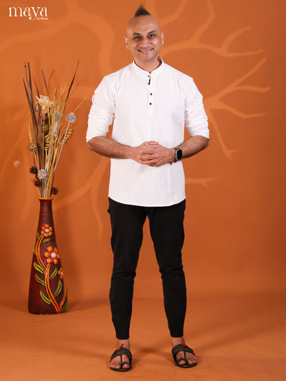 White Cotton Solid Short Men Kurta