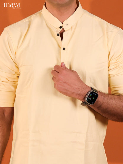 Yellow Cotton Solid Short Men Kurta