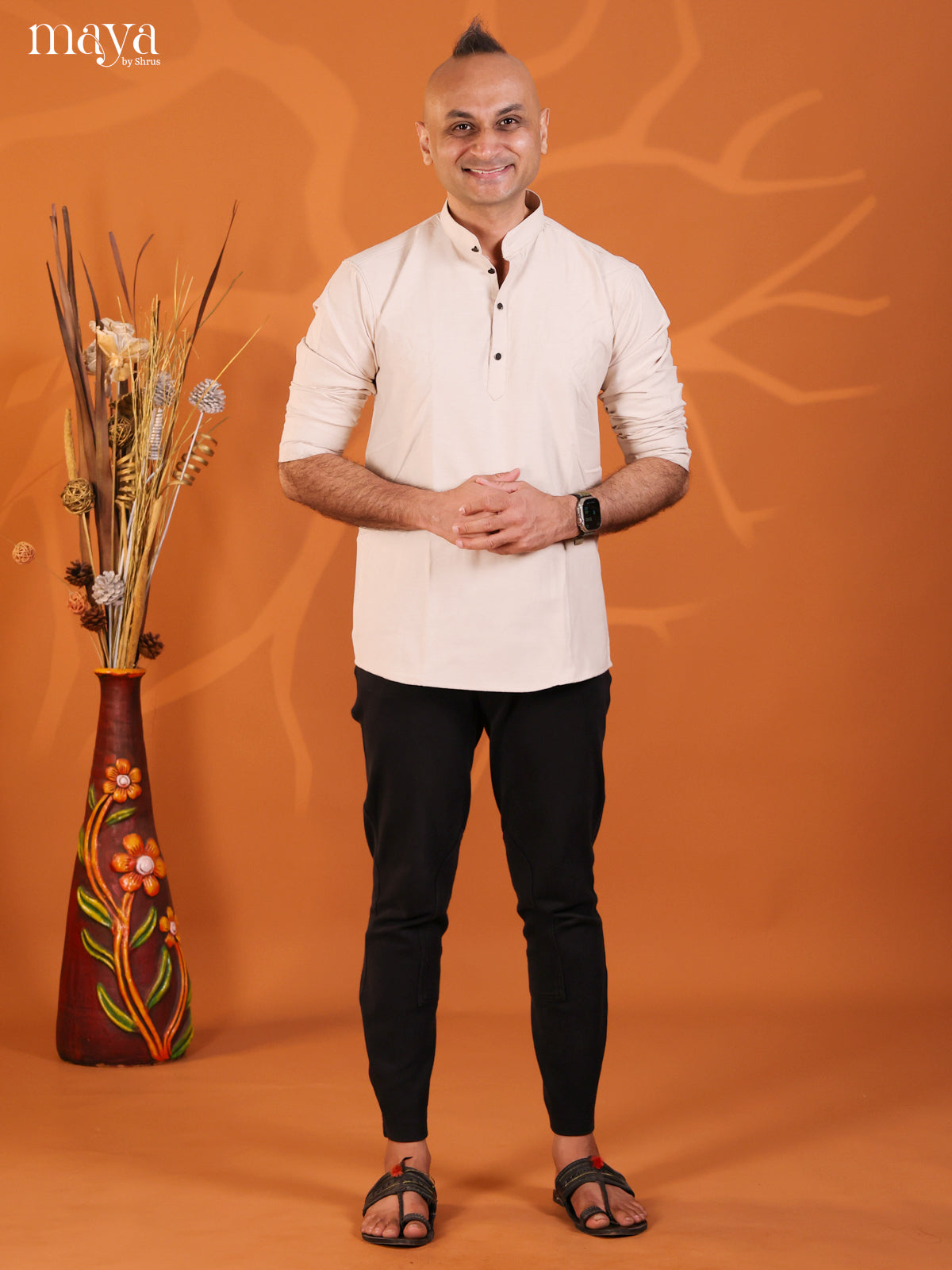 Off White Cotton Solid Short Men Kurta