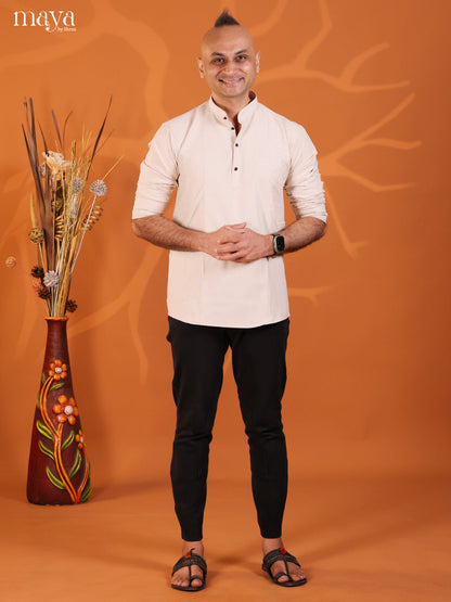 Off White Cotton Solid Short Men Kurta