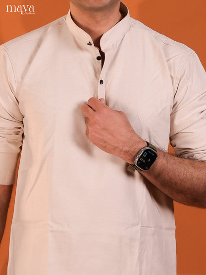 Off White Cotton Solid Short Men Kurta
