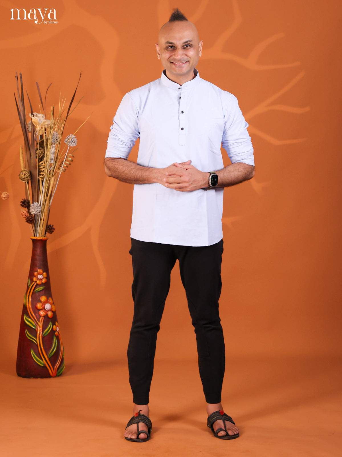 Blue Cotton Solid Short Men Kurta