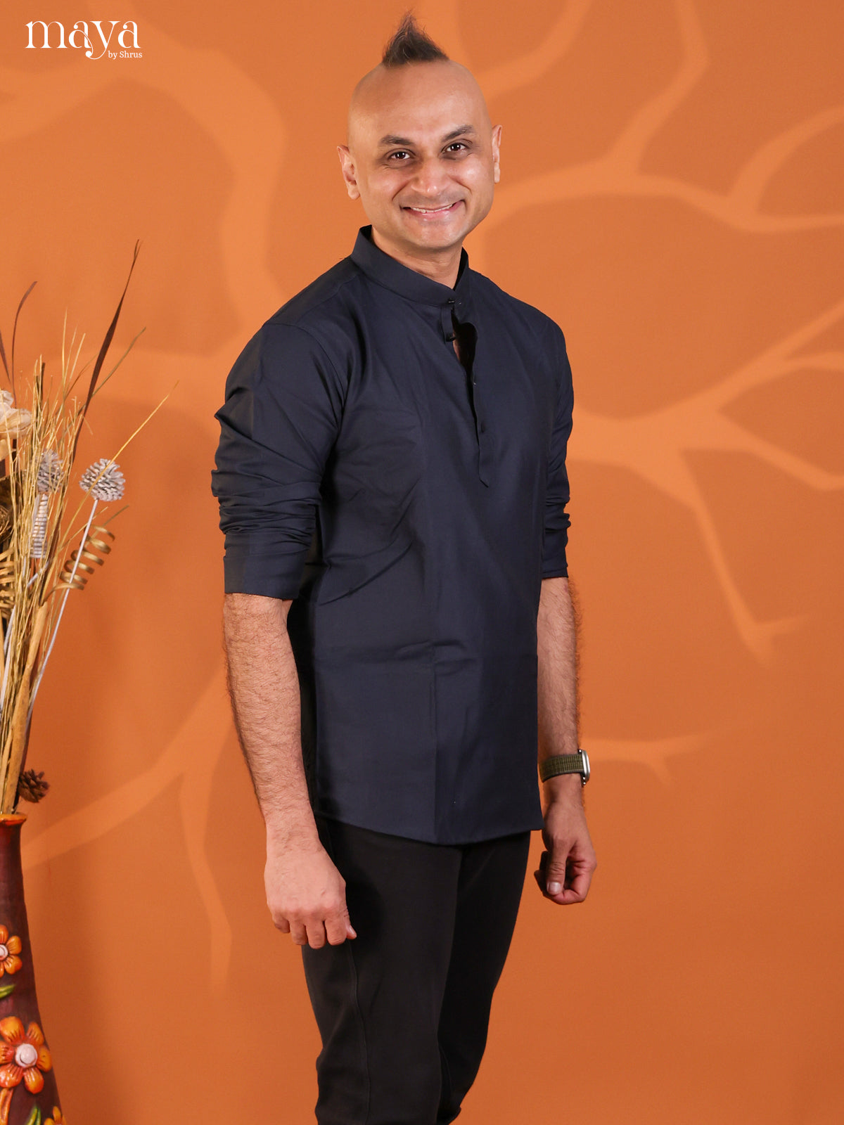 Navy Blue Cotton Solid Short Men Kurta
